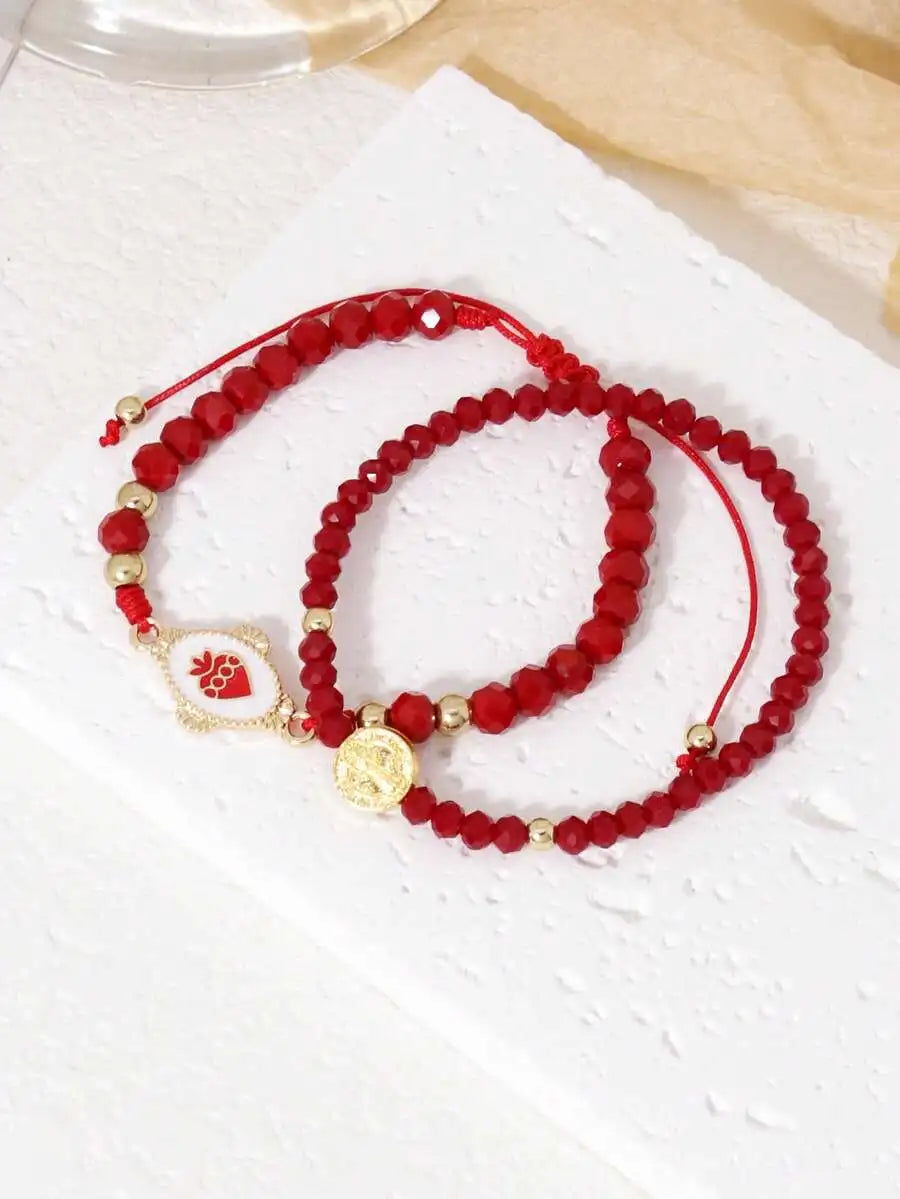 2pcs Vintage Red Artificial Crystal Beads Jesus Charm Adjustable Bracelet Set For Women