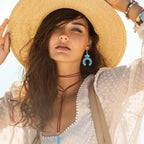 Bohemian Turquoise Jewelry Set Pendant Choker Necklace Faux Leather Cuff Bracelet Hoop Dangle Earrings mbzr