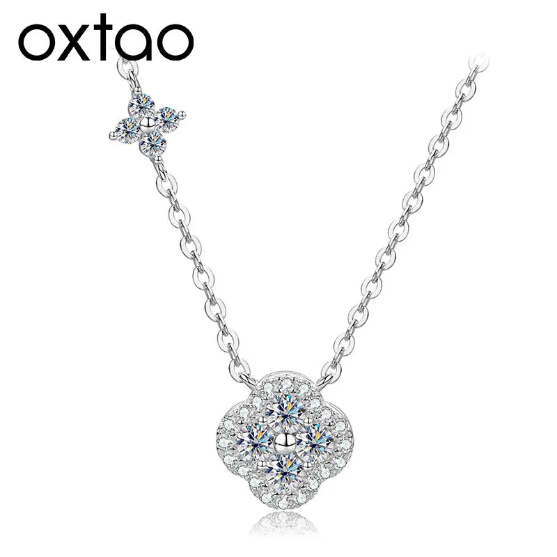 OXTAO 14K Gold Filled Clover Pendant Necklace 3mm D Color VVS1 Sweet Moissanite Four-leaf Flower Jewelry for Women Girls Birthday Gift