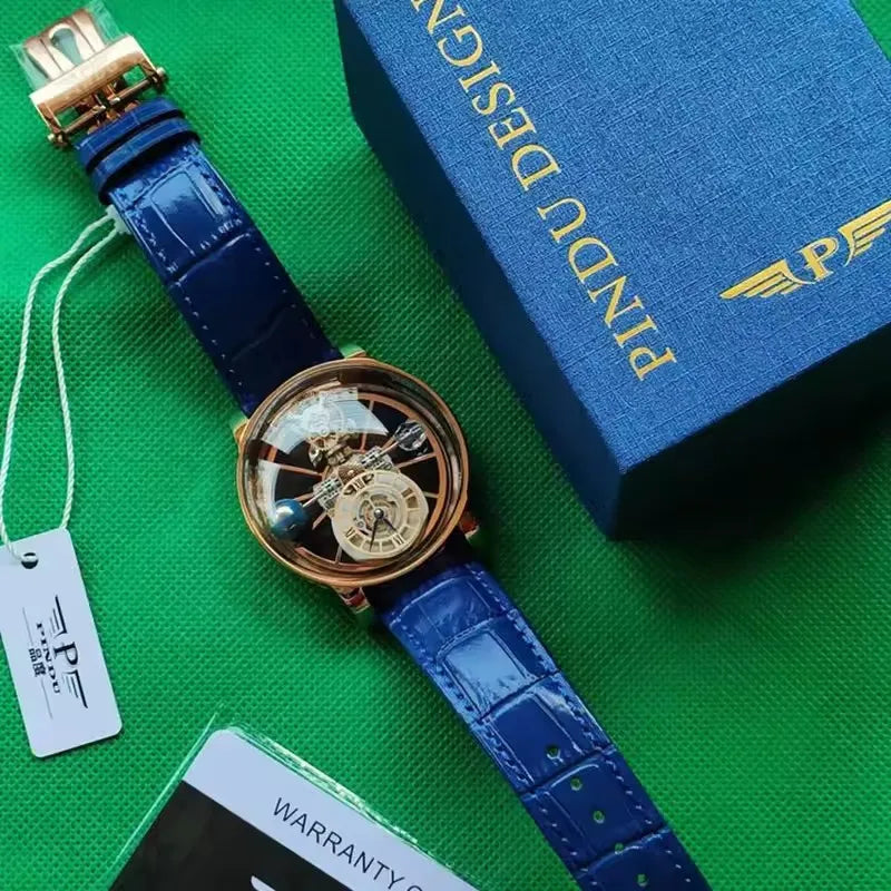 PINDU Design Man Wristwatch Transparent Hollow Design Celestial Roulette Quartz Watches Water Resistant Leather Men's Watch Box