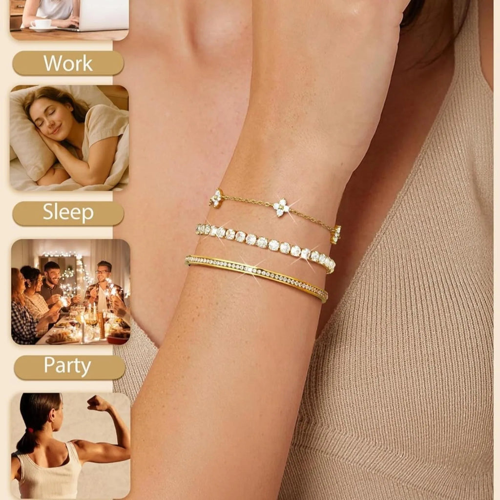 3PC Stackable Bracelet Set for Women Adjustable 14K Gold-Plated & Silver Stainless Steel Tennis Bracelets with Cubic Zirconia, Fashion Accessories for Women Daily Wear