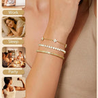 3PC Stackable Bracelet Set for Women Adjustable 14K Gold-Plated & Silver Stainless Steel Tennis Bracelets with Cubic Zirconia, Fashion Accessories for Women Daily Wear