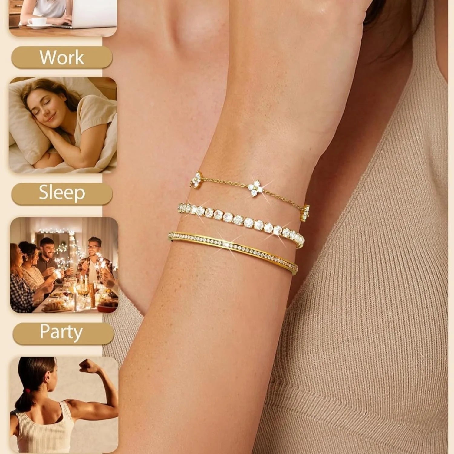 3PC Stackable Bracelet Set for Women Adjustable 14K Gold-Plated & Silver Stainless Steel Tennis Bracelets with Cubic Zirconia, Fashion Accessories for Women Daily Wear