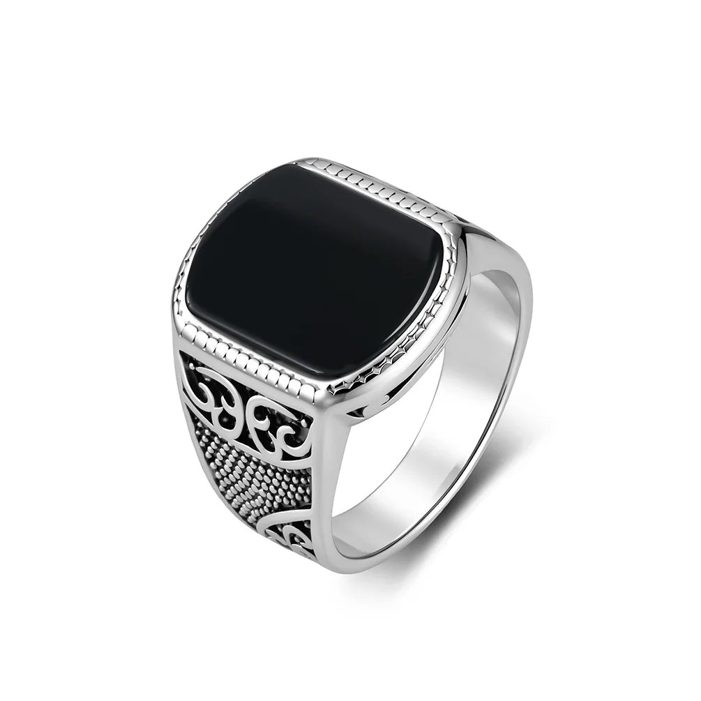 Retro Old Hollow Relief Titanium Steel Ring Green Pine Tiger Eye Black Gemstone Men's Index Finger Ring Spot