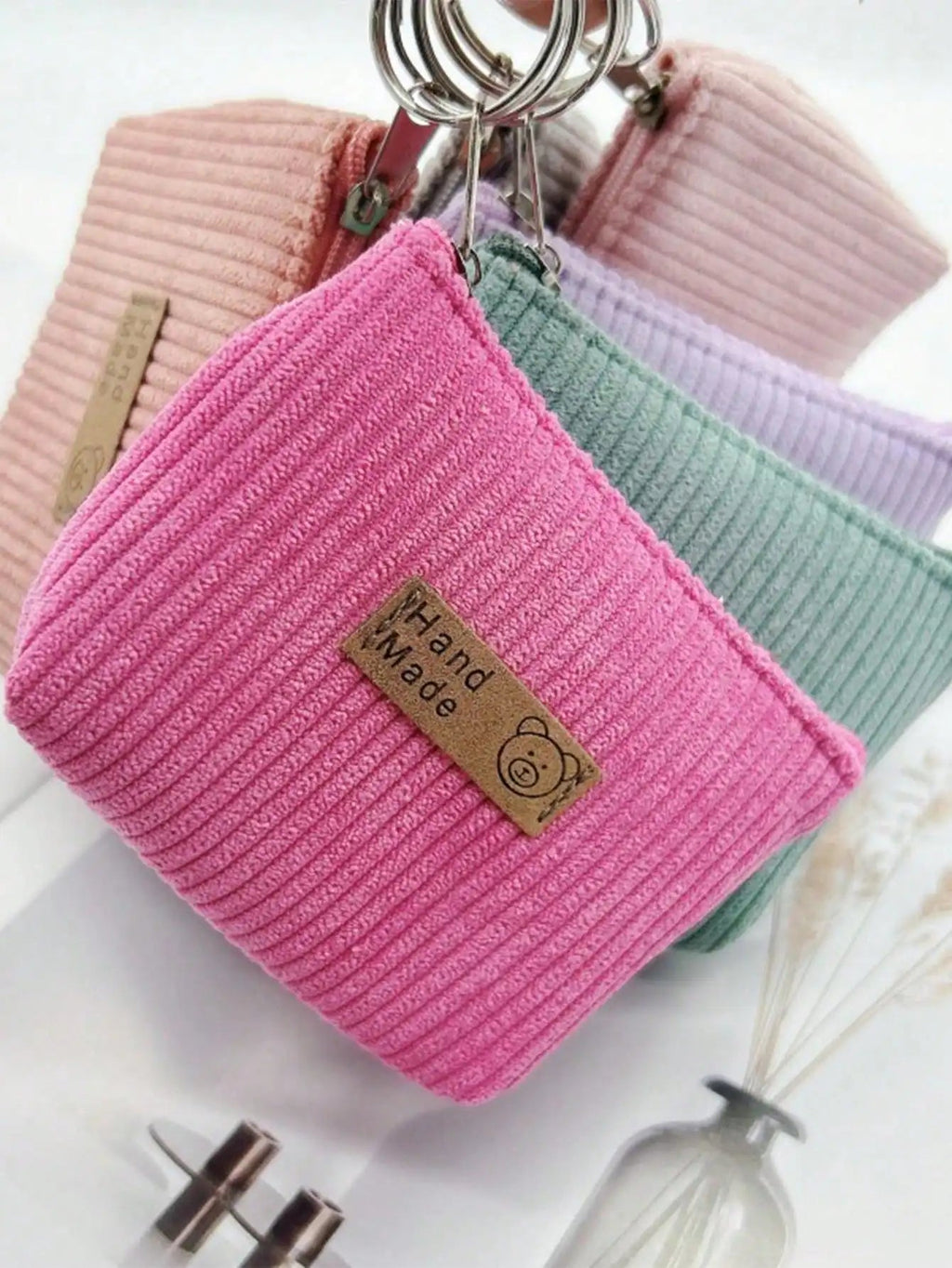 Fashion Mini Corduroy Coin Purses with Keychain - Casual Stylish Storage Pouch mbzr