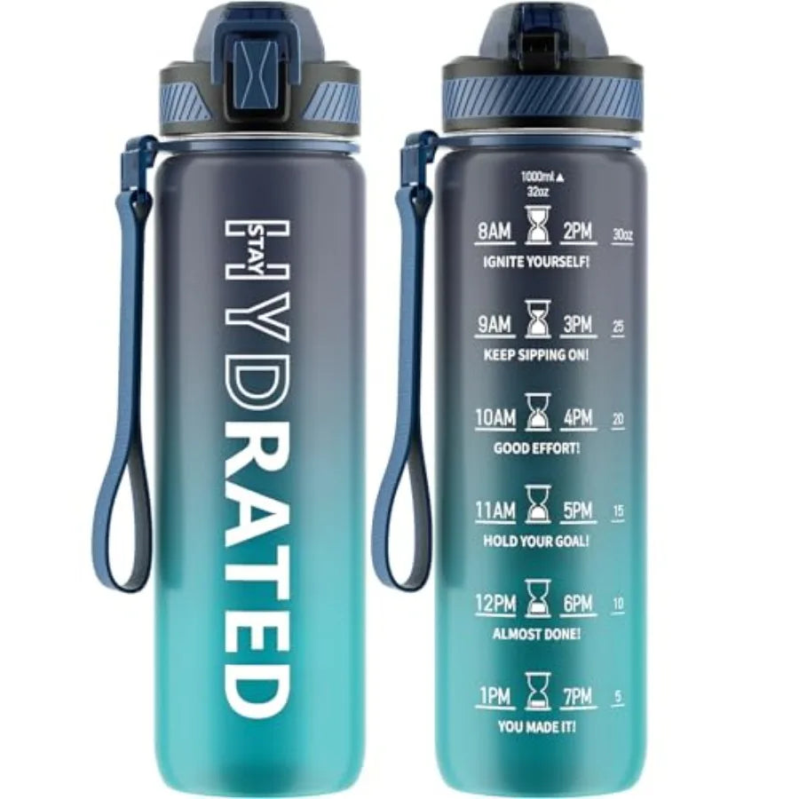 Water Bottle with Straw, 32oz Motivational Water Bottles with Time Marker to Drink, Tritan BPA Free, 1L Sports Water Bottle wit mbzr