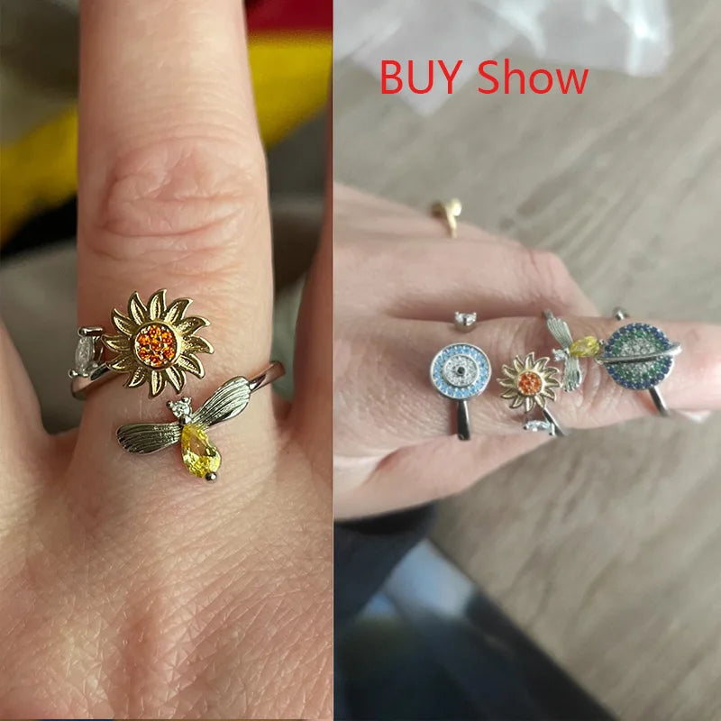 Anti Stress Anxiety Fidget Rings for Women Satinless Steel Spinner Sunflower Sun Star Ring Trendy Jewelry