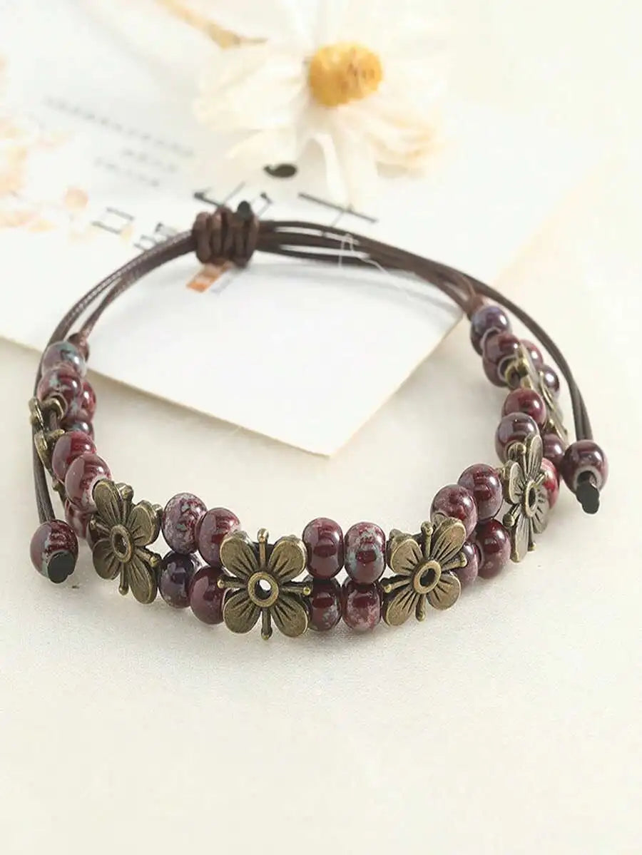 1Pc Vintage Bohemian Woven Leather Cord Bracelet For Women Girls, Handmade Colorful Beaded Bracelet With Flower Pendant Adjustable Knot, Boho Jewelry For Daily Party Dating Holiday Gift Accessory