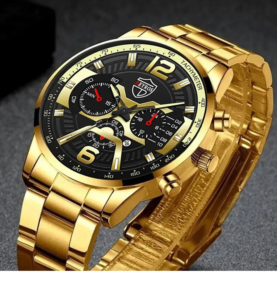 5PCS Set DEYROS Fashion Mens Calendar Watches Men Business Stainless Steel Quartz Wristwatch Male Casual Necklace Bracelet Watch mbzr