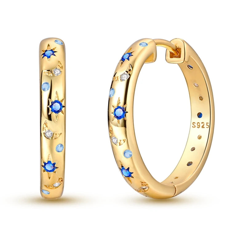 MULA 925 Sterling Silver Sun Moon Stars Hoop Earrings Classic Simple Fashion Jewelry