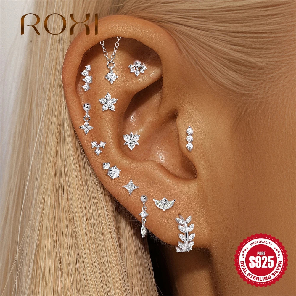ROXI Moissanite 925 Sterling Silver Flower Tassel for Women Flat Back Piercing Earring Stud Helix Star Earring Fine Jewelry Gift mbzr