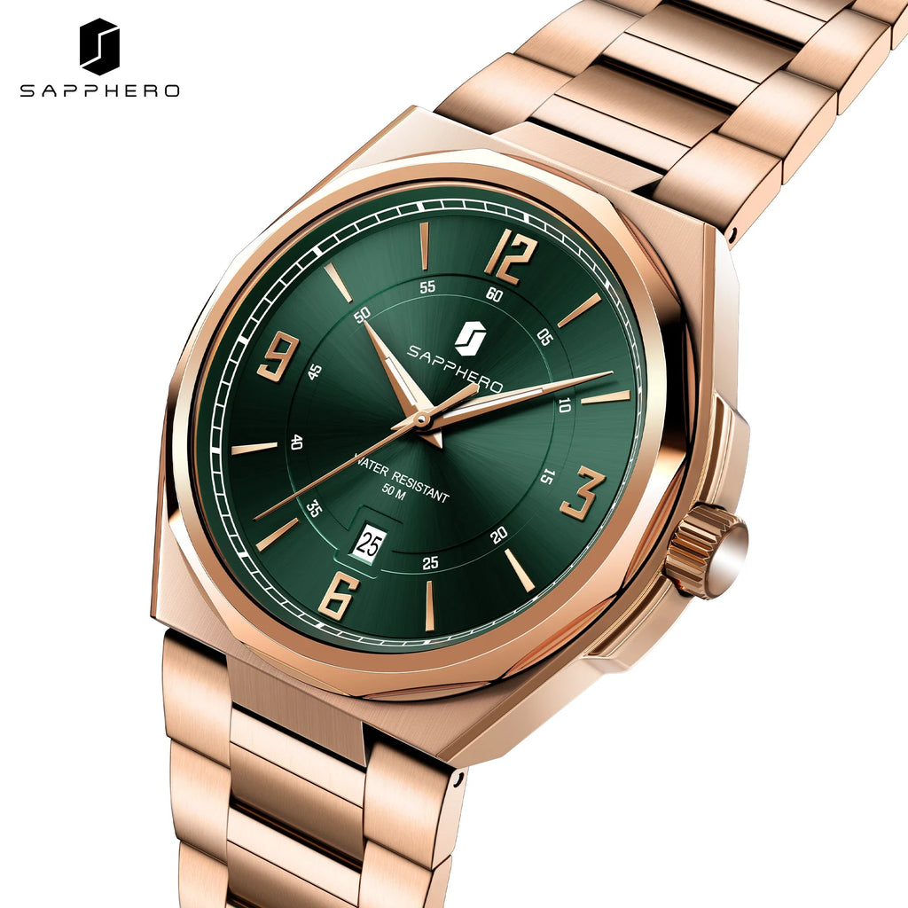 SAPPHERO Men Quartz Watch Luxury Stainless Steel Strap 5ATM Waterproof Hardlex Crystal Business Elegant Dress Wristwatch Gift mbzr