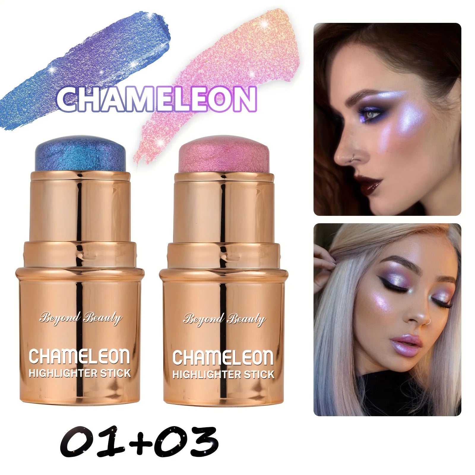 2PCS Chameleon Holographic Glitter Shimmer Highlighter Stick, Makeup For Face And Body, Highly Pigmented, mbzr
