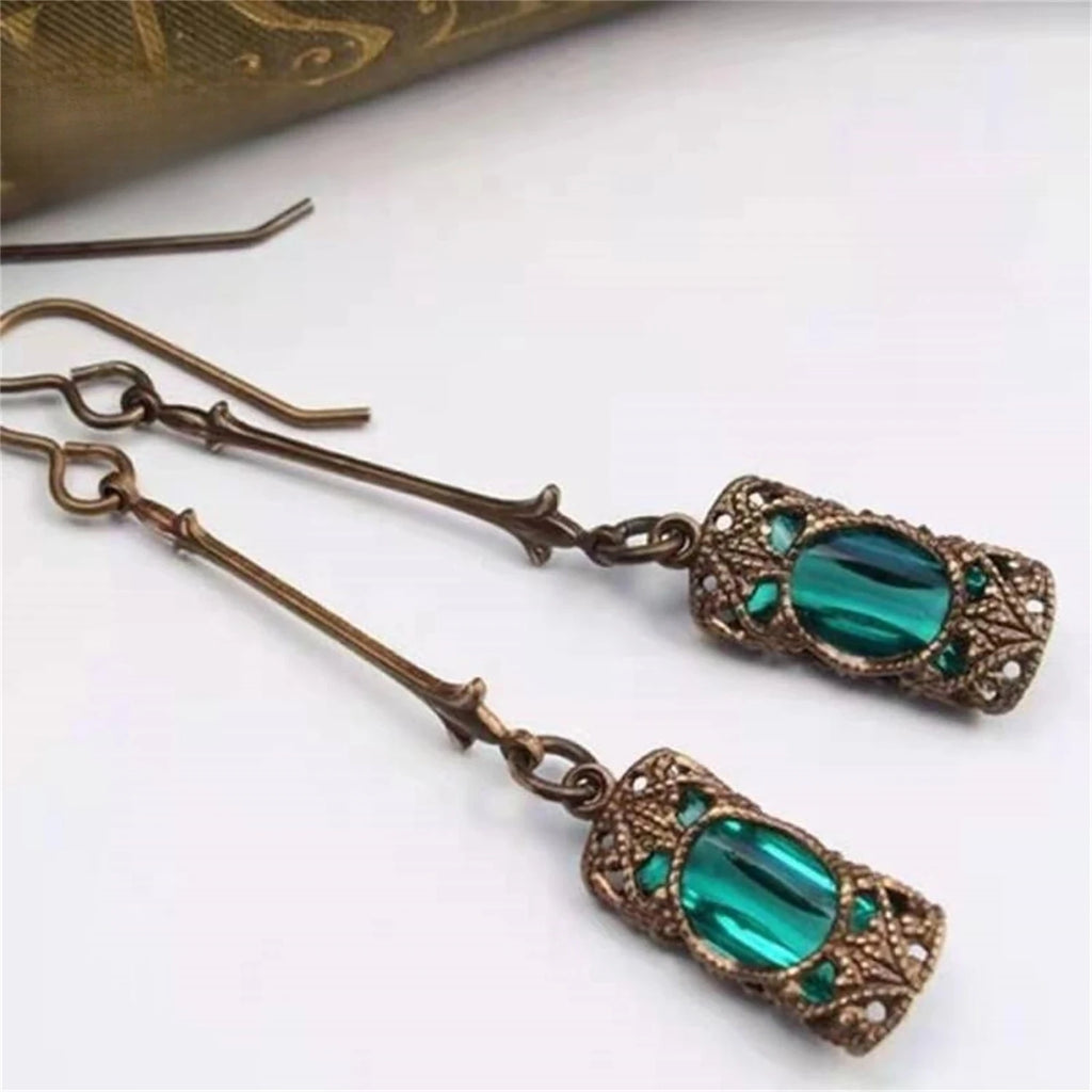 Long Tassel Dangle Earrings Vintage Copper Crystal Green Gemstone Drop Earrings for Women Elegant Bohemian Jewelry Wedding Party