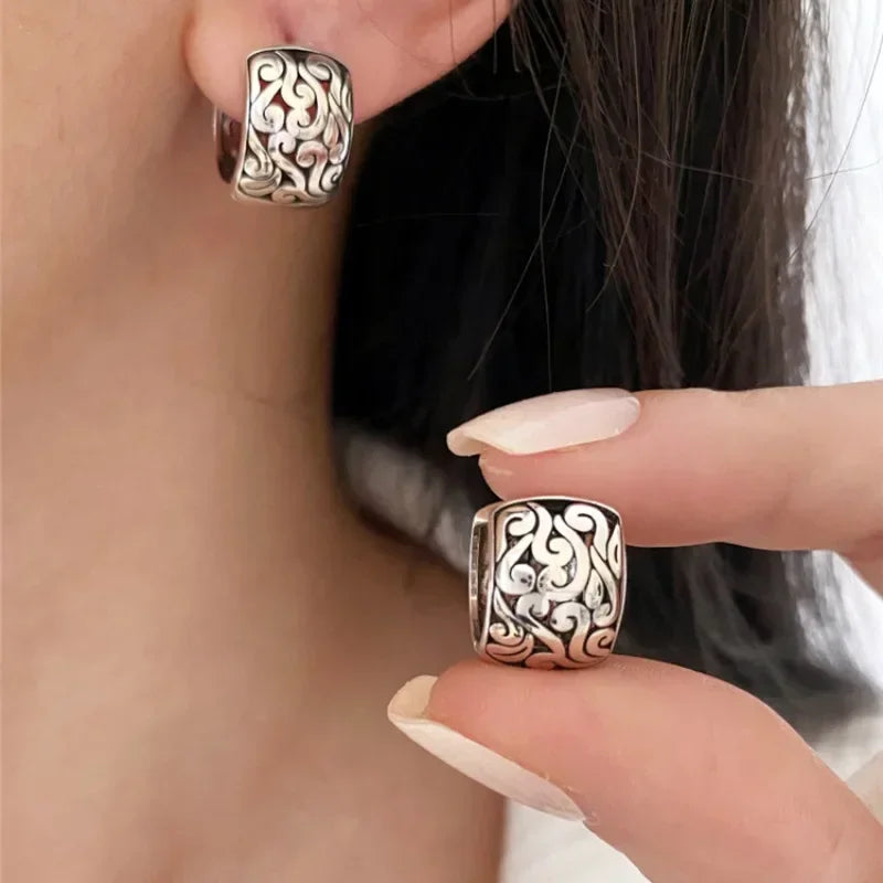 Real 925 Silver Minimalist Hollow Auspicious Clouds Hoop Earrings for Women Vintage Fine Jewelry Chinese Style Accessories mbzr