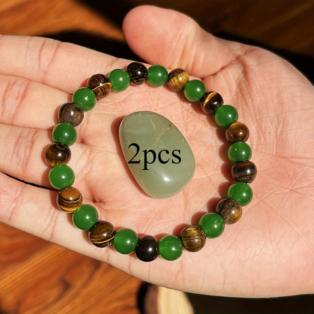 2 8mm Lucky Bracelets with 8mm Tiger Eye and Green Aventurine - Handcrafted Natural Crystal Beads to Help Relax, Attract Wealth and Relieve Anxiety - Vintage Bohemian Style