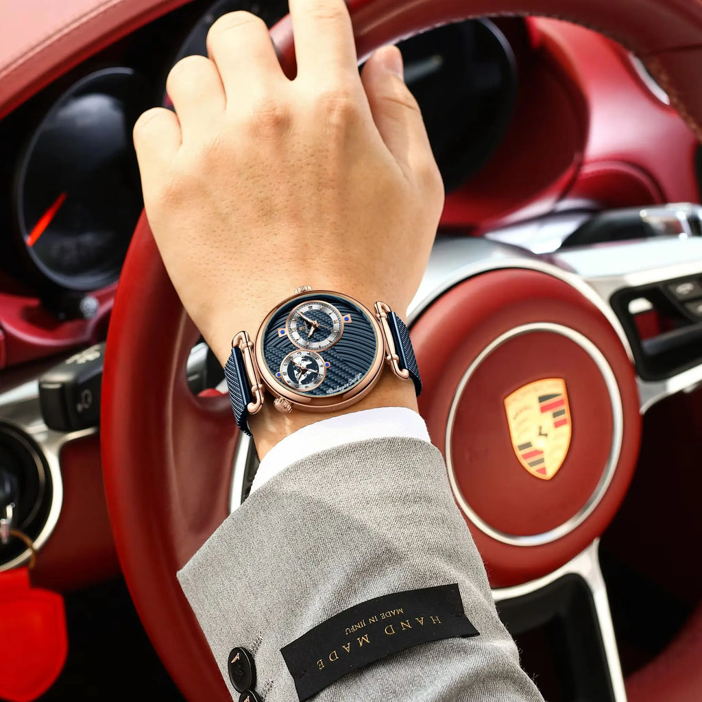 POEDAGAR Original Fashion Man Wristwatch Multiple Time Zone Display Waterproof Calendar Men Watch Mesh Stainless Steel Quartz Business Men's Watches Reloj