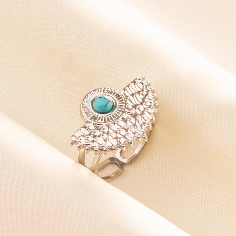 1pc Stainless Steel Boho Turquoise Open Finger Rings Trendy Adjustable Women Multi Layers Stackable