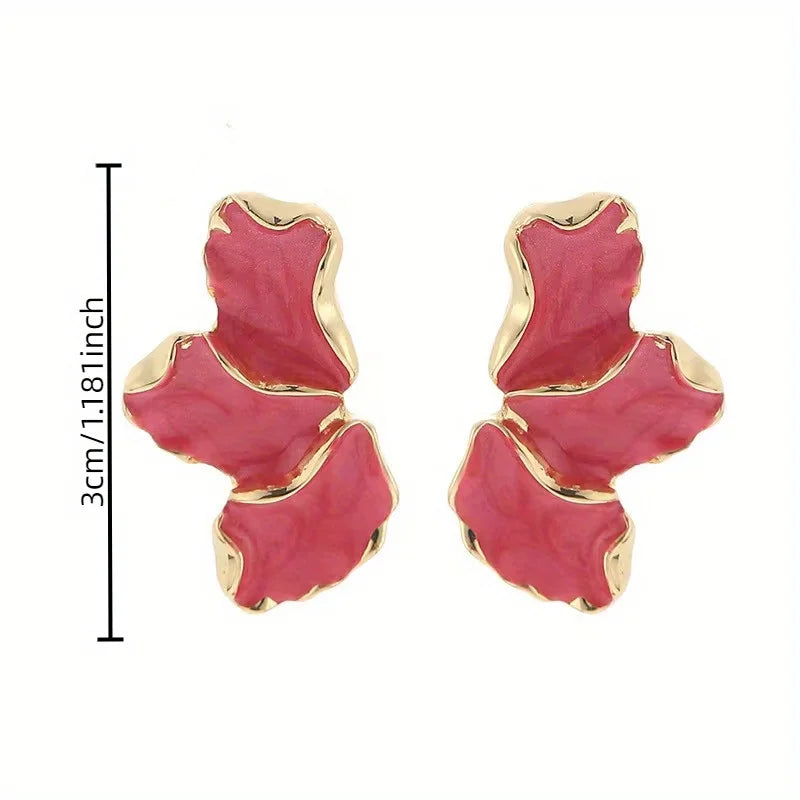 Pink Gradient Enamel Petal Stud Earrings Gold Metal Trim Irregular Flower Petal Earrings Elegant Romantic Floral Jewelry for Women Daily Party Wear