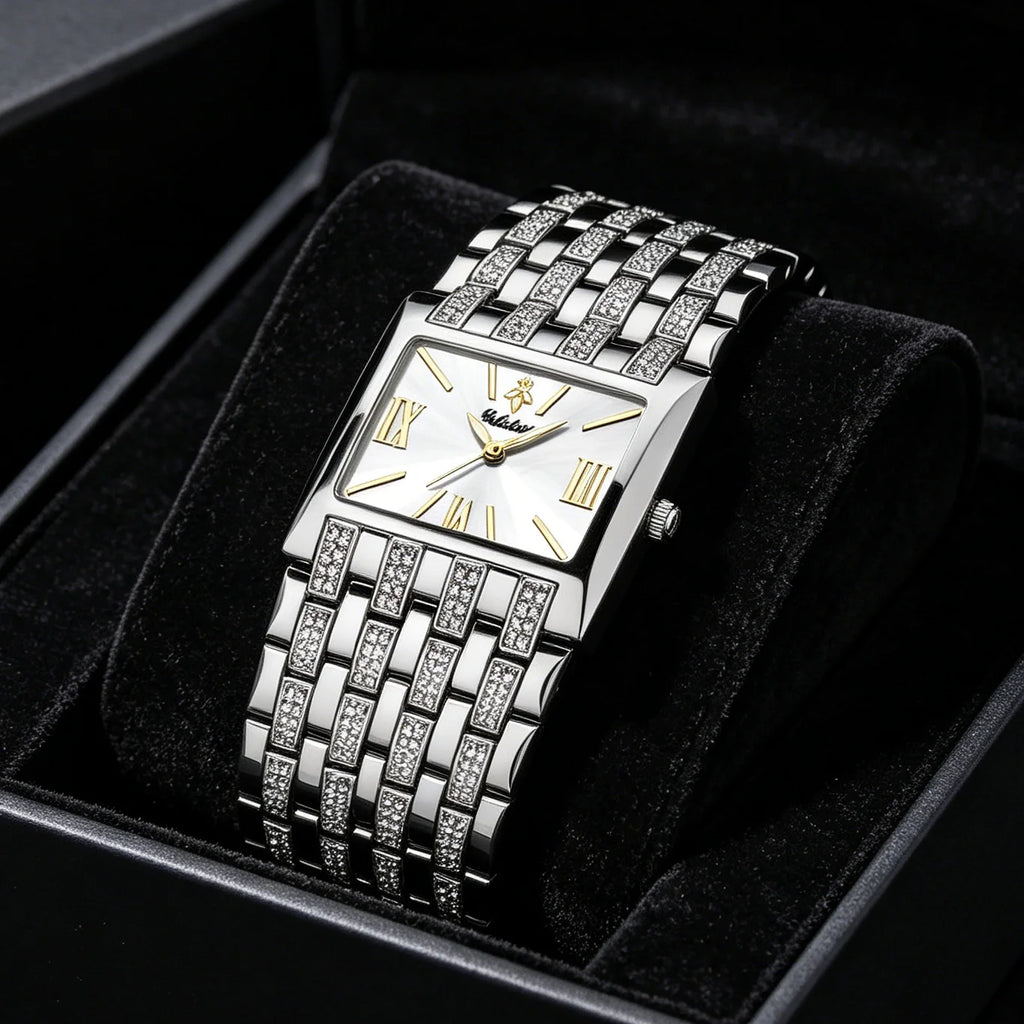 YaLaLuSi Full Rhinestone Square Ladies Watch Silver Metal Strap Gold Roman Dial Luxury Women Quartz Dress Watch