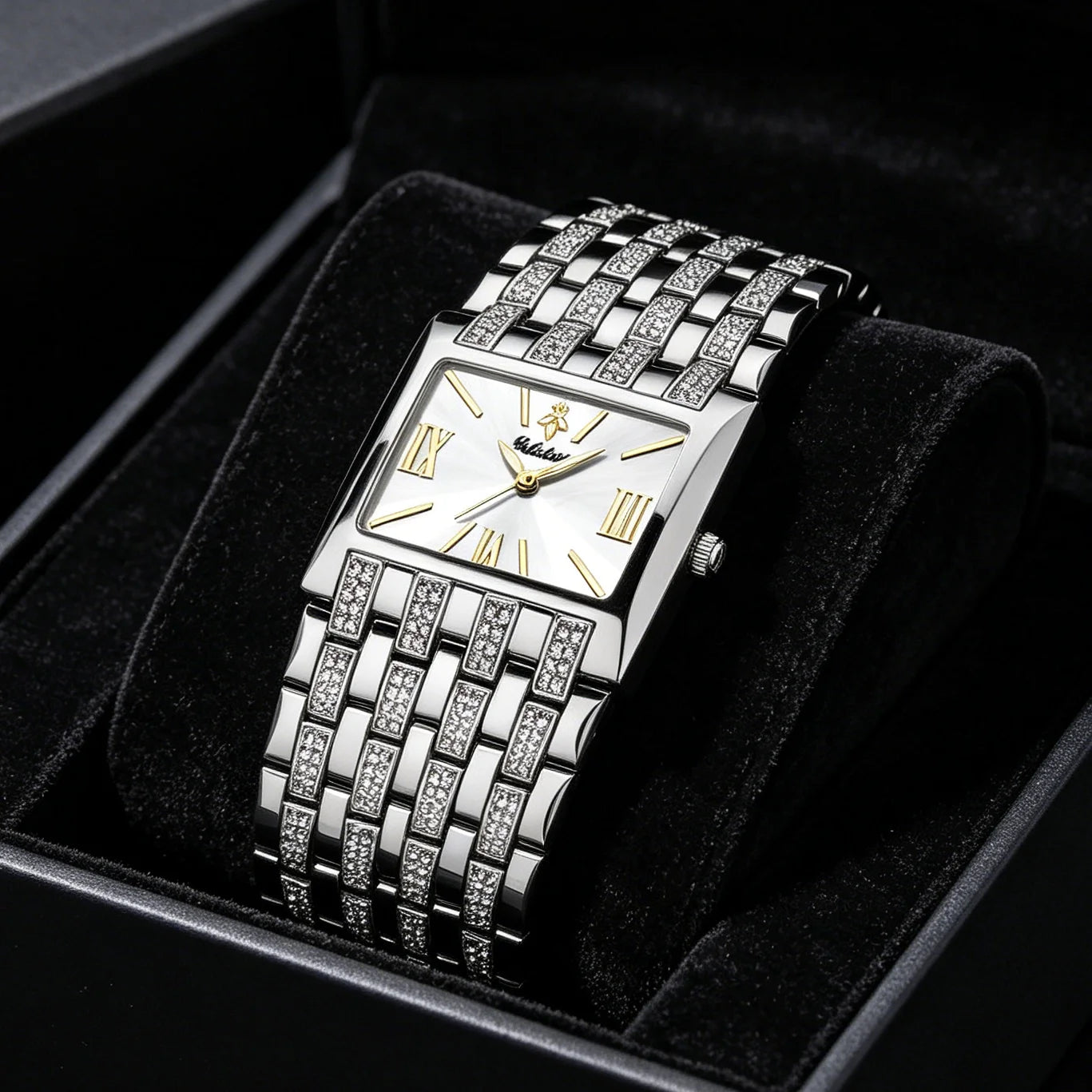 YaLaLuSi Full Rhinestone Square Ladies Watch Silver Metal Strap Gold Roman Dial Luxury Women Quartz Dress Watch