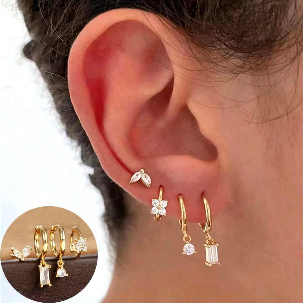 4pcs Fashion Cubic Zirconia Flower Hoop Earrings Set 18K Gold Plated Stainless Steel Stud Earring Piercing Jewelry aretes mujer