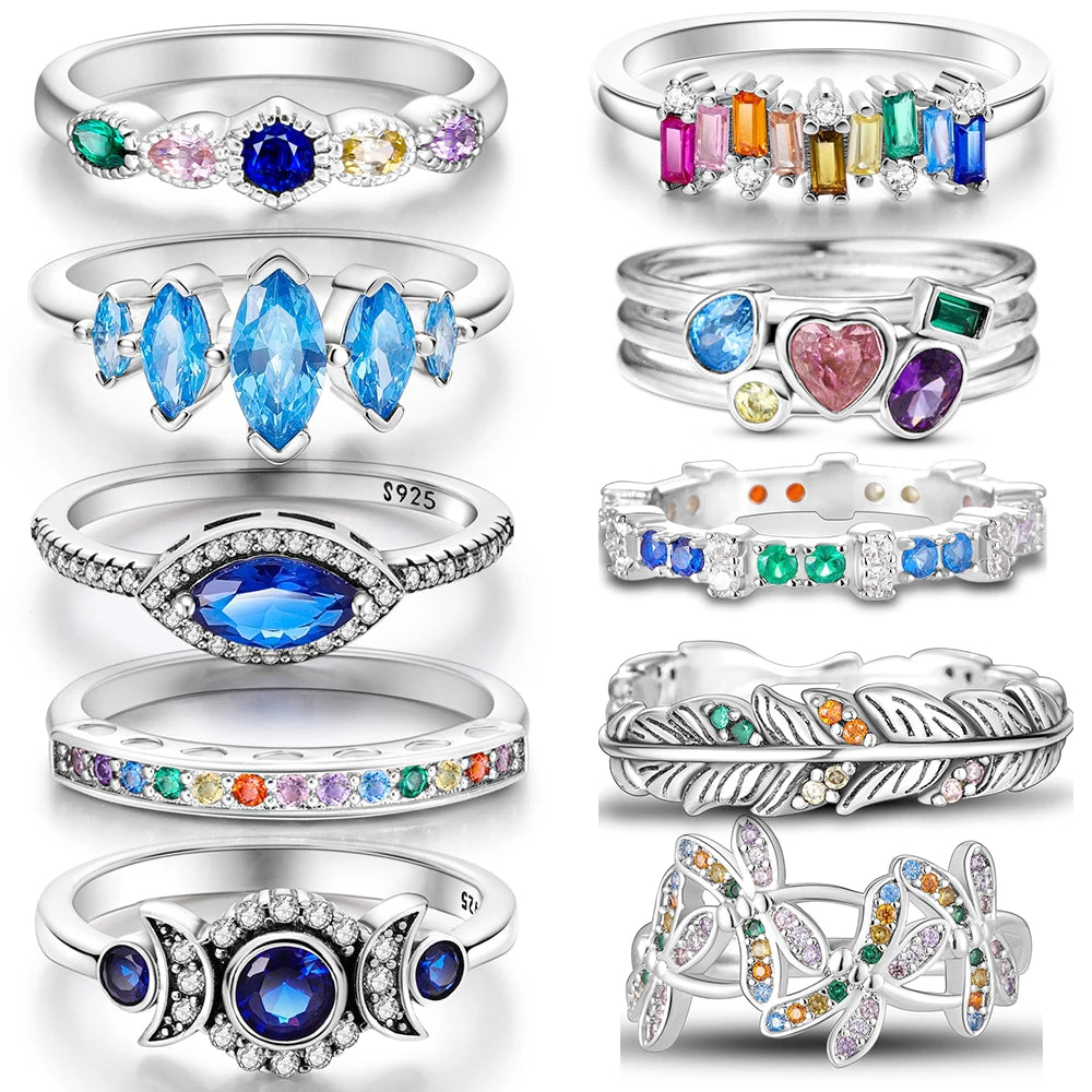 Original 925 Sterling Silver Ring Colorful Diamonds Cubic Zircon Finger Ring for Women