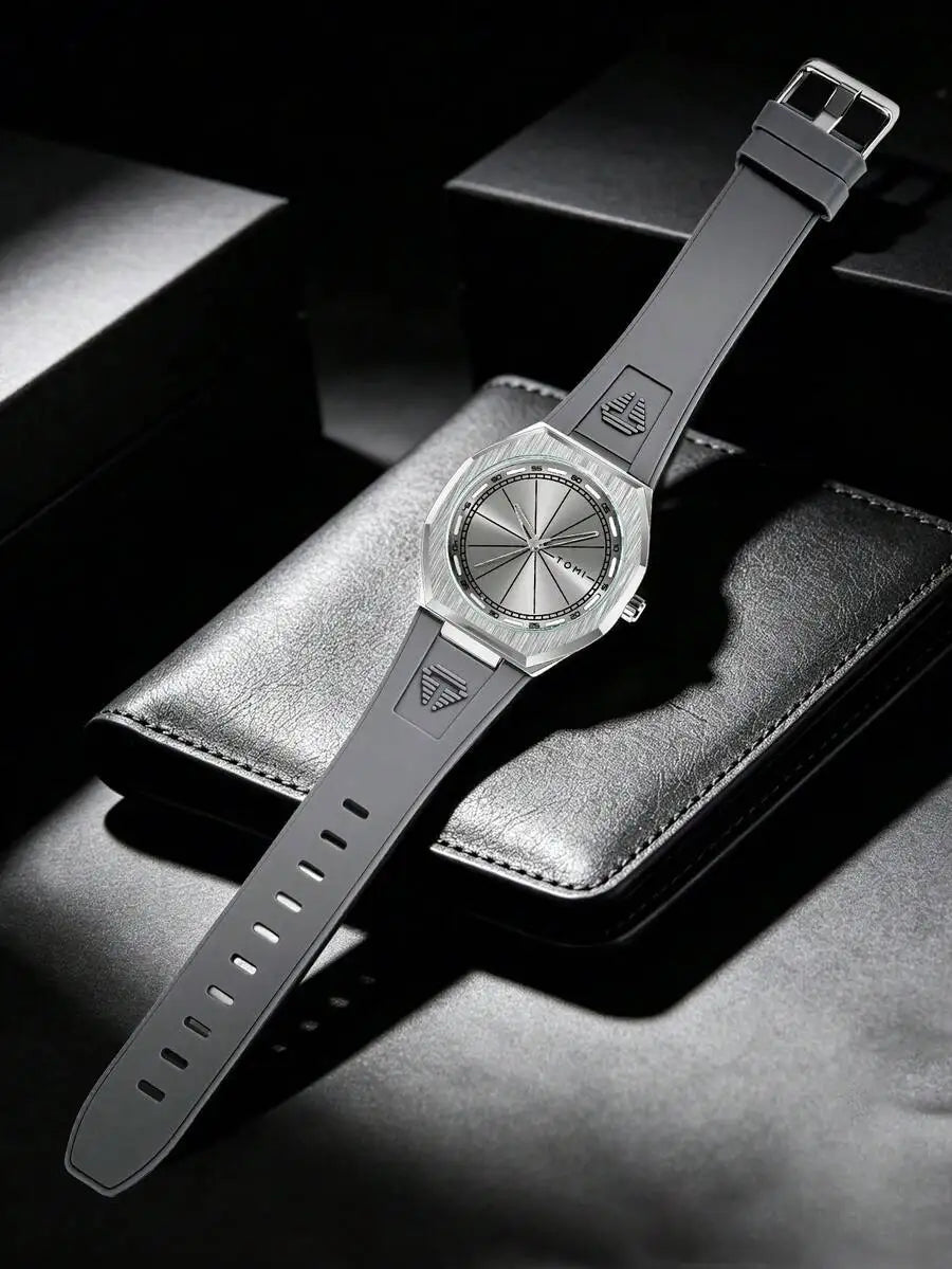 TOMI 1pc TOMI Unisex Fashion Octagonal Quartz Watch Silicone Strap Brushed Case Business Casual Wristwatch Suitable For Daily
