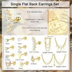 24Pcs 316L Surgical Steel Flat Back Earrings for Women Men Dangle Chain Stackable Cartilage Stud Helix Piercing Dainty Jewelry