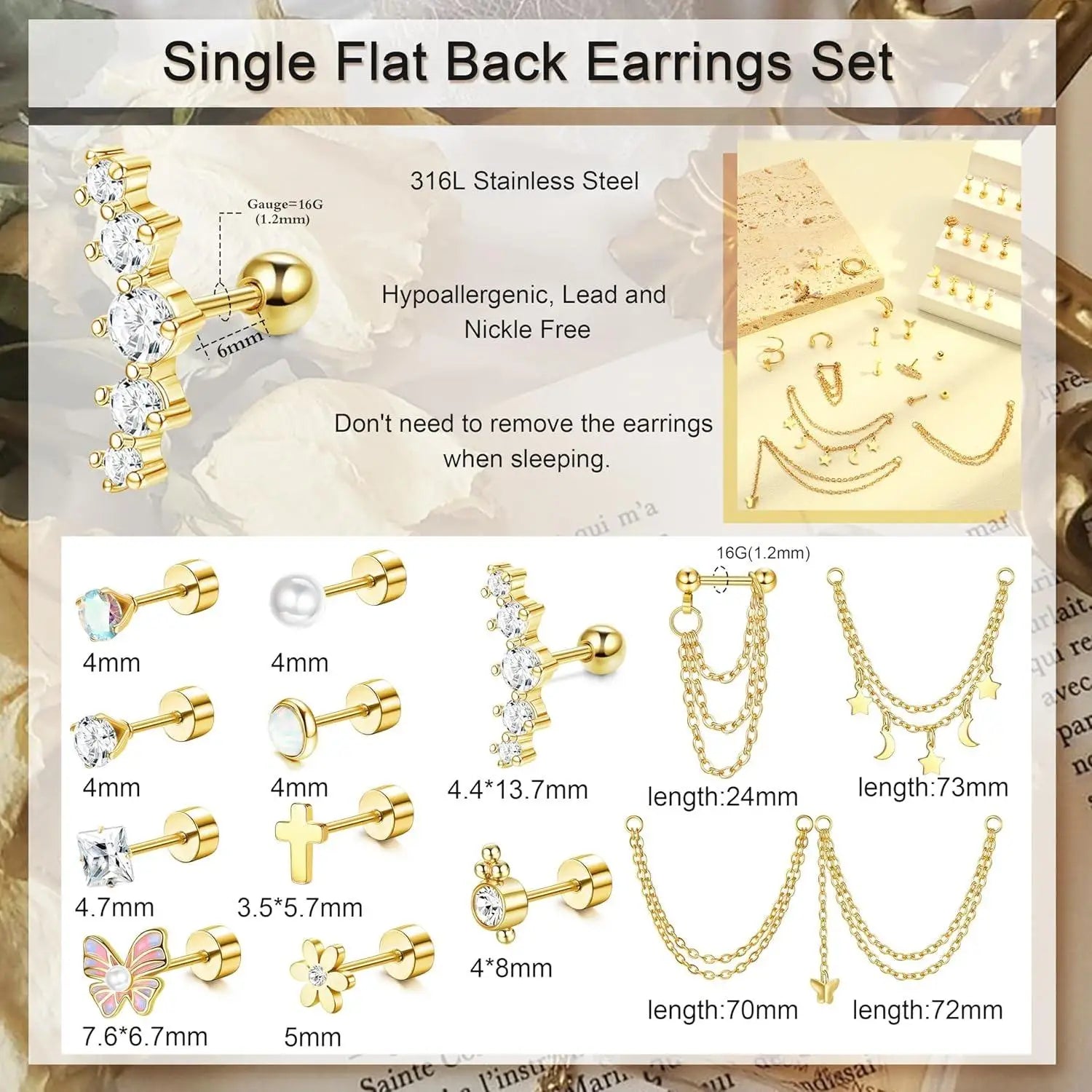 24Pcs 316L Surgical Steel Flat Back Earrings for Women Men Dangle Chain Stackable Cartilage Stud Helix Piercing Dainty Jewelry