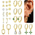11Pairs Gold Hoop Earrings for Women-Hypoallergenic Surgical Steel Earrings 14K Gold-plated Plated Cartilage Earring Sets for Multiple Piercing Trendy Earring Stacks Flat Back Stud Hoops