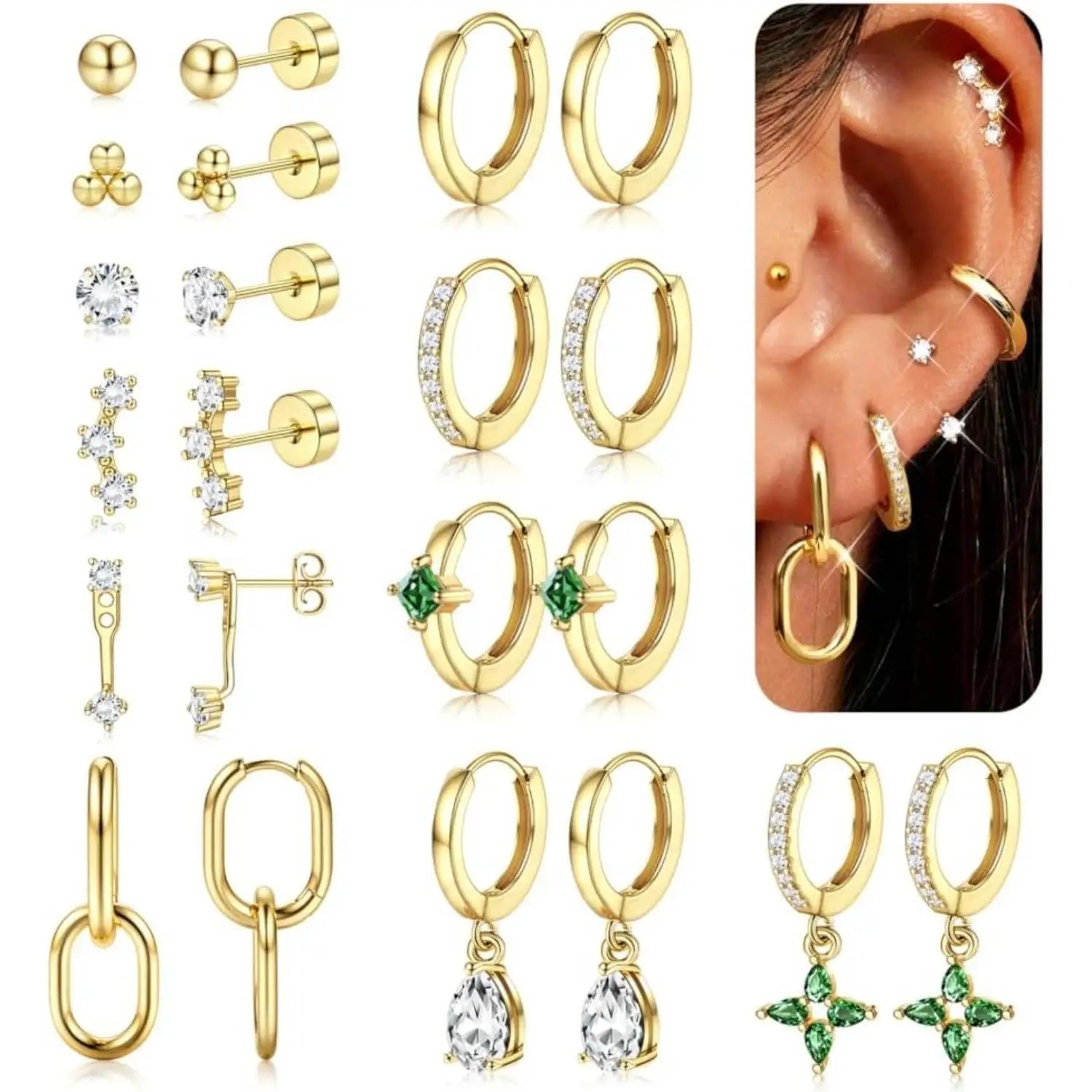 11Pairs Gold Hoop Earrings for Women-Hypoallergenic Surgical Steel Earrings 14K Gold-plated Plated Cartilage Earring Sets for Multiple Piercing Trendy Earring Stacks Flat Back Stud Hoops