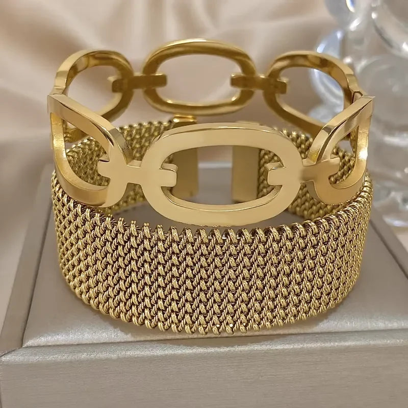 Vintage Y2K Stainless Steel Wide Weave Open Cuff Bangle Bracelet For Women New Hollow Waterproof Stackable Charms Jewelry