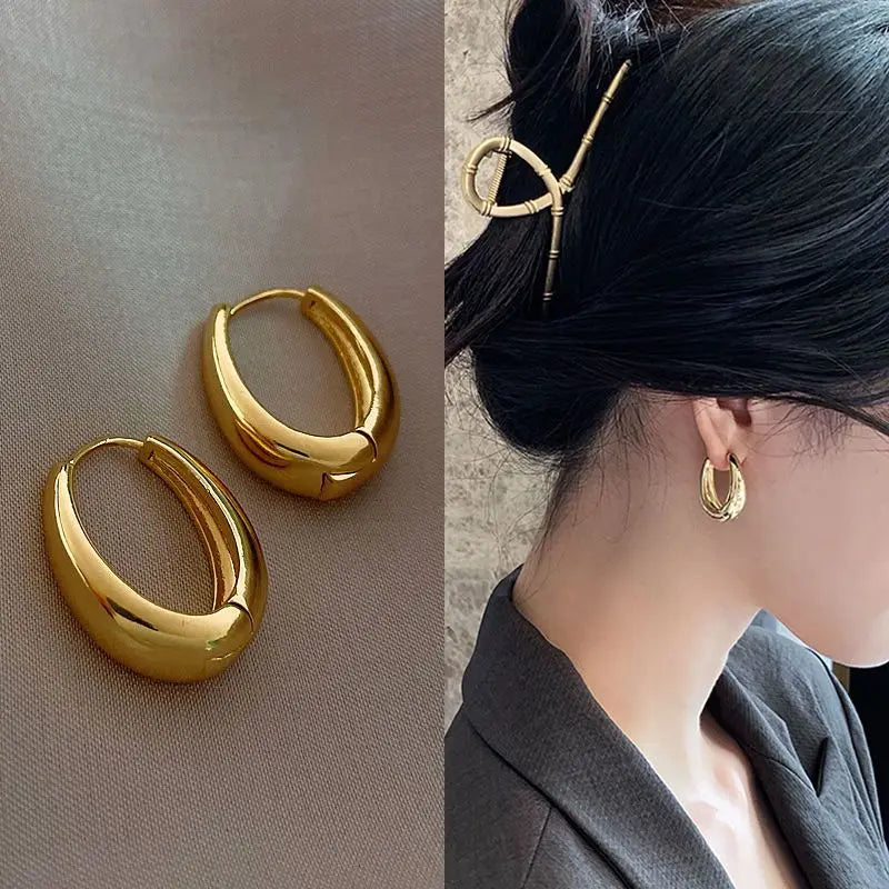 Gold Teardrop Huggie Hoop Earrings, Thick Oval Click Hoop Earrings, Polished Chunky U Shape Hoop Earrings for Women