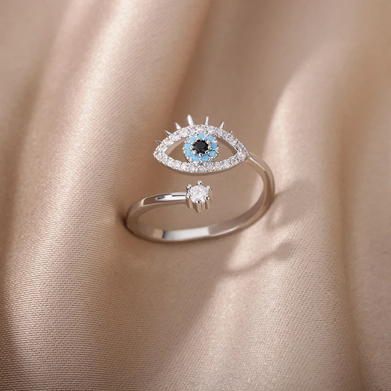 Lucky Turkish Blue Evil Eye Open Ring Adjustable Stainless Steel Trend Wedding Band Couple Jewelry Gift for Women (NO GIFT BOX) mbzr