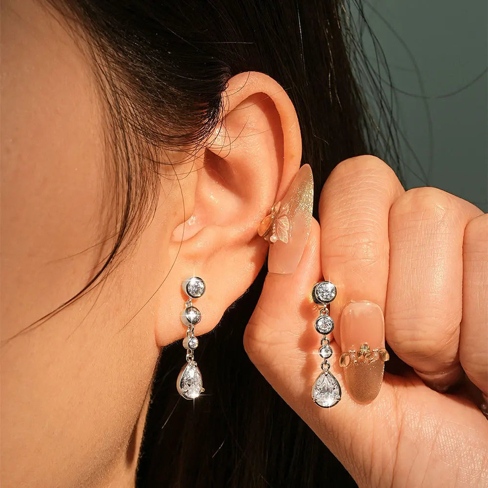 OXTAO Elegant Long Tassels Drop Earrings For Women Anniversary Jewelry Gifts Pear Cut Moissanite Wedding Earrings 14K Gold Filled