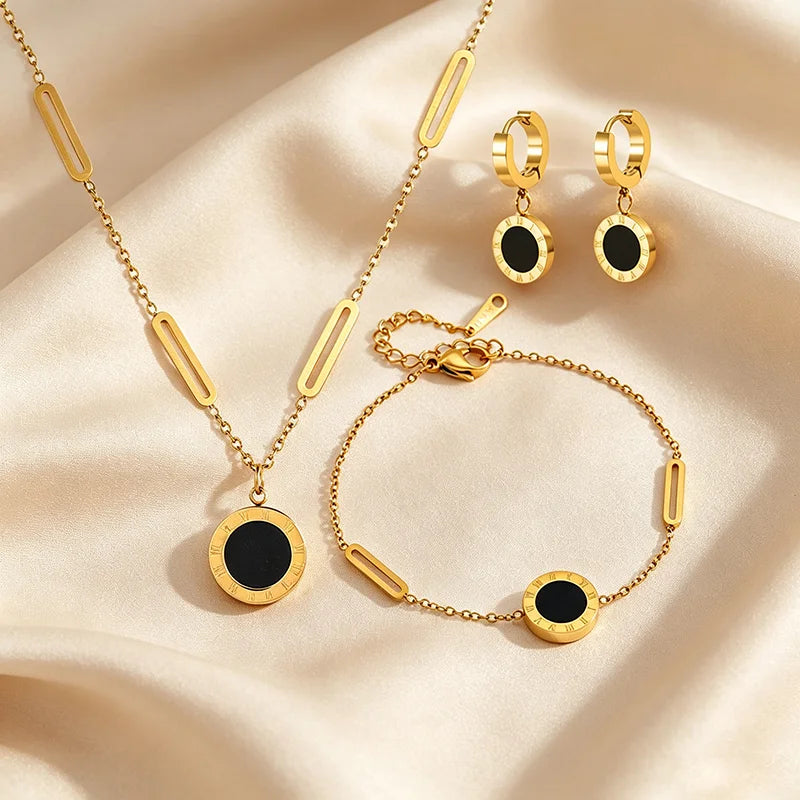 Roman Numeral Round Pendant Jewelry Set For Women, Stainless Steel Necklace Bracelet Hoop Earrings Set, Waterproof Hypoallergenic Non-Tarnish Black Acrylic Fashion Jewellery Gift