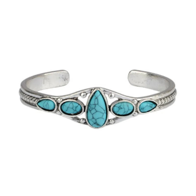 Wu's 2022 New European and American Bohemian Style Retro Turquoise Carved Hollow Geometric Bracelet Opening Adjustable Bracelet