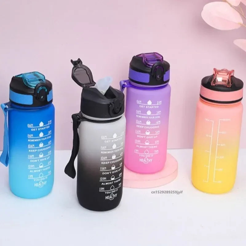 Motivational Water Bottle 600ml Leakproof Sports Water Bottle with Time Marker Straw Frosted Gradient Portable Cup mbzr