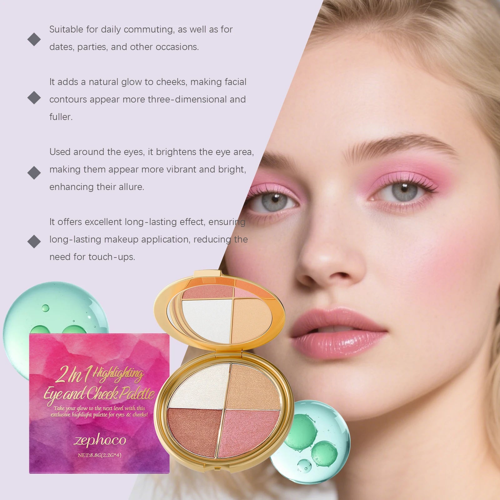 Zephoco 2In1 Highlighting Eye & Cheek Palette 4 Colors Shimmery Glow Makeup Palette For Face Eyes Daily Party Makeup mbzr