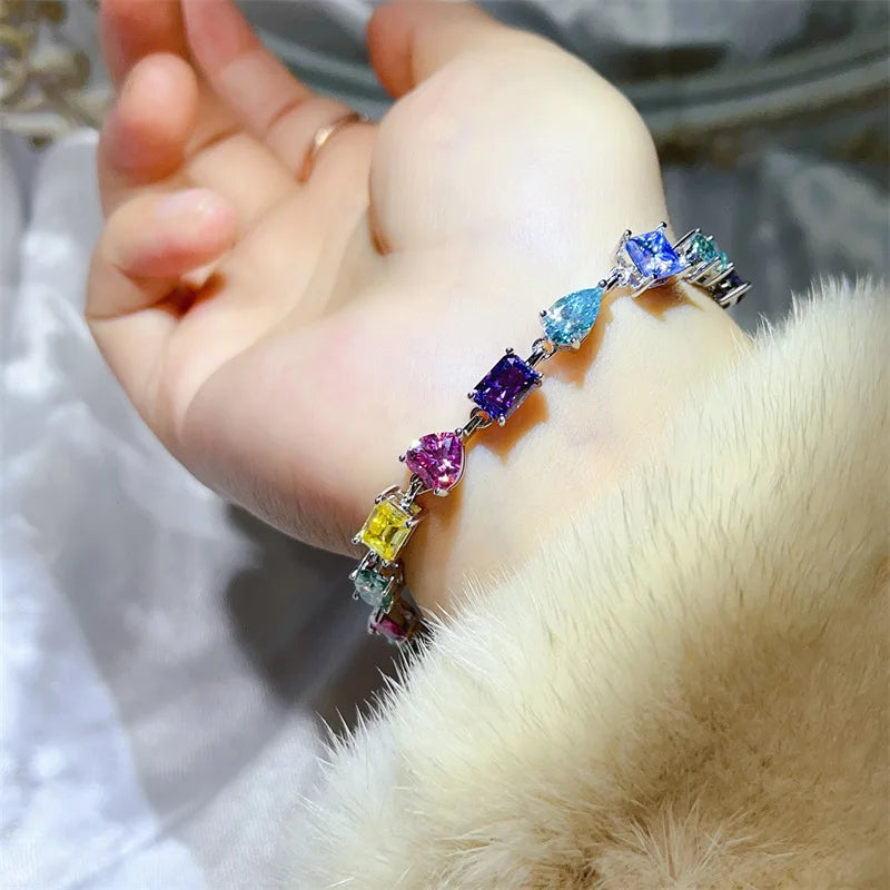 Luxury Rainbow Genuine Moissanite Tennis Bracelet S925 Sterling Silver Mixed Cut Heart Pear Round Square Gemstone Bracelet for Women Fine Jewelry Daily Wear Party Birthday Gift