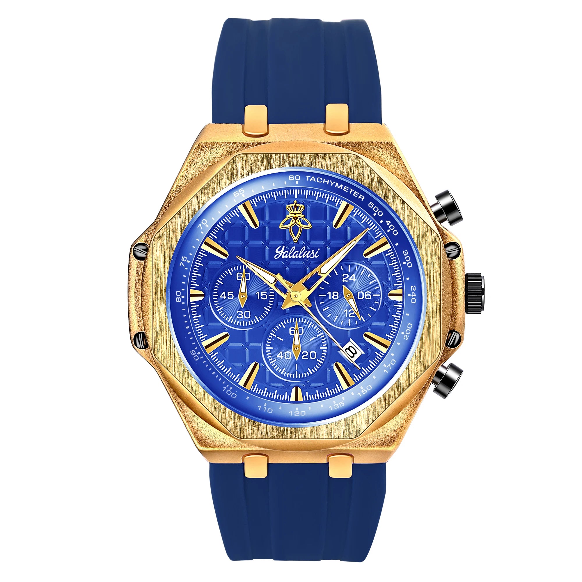 YaLaLuSi Octagon Gold Case Men Chronograph Watch Burgundy Red Grid Dial Silicone Strap Tachymeter Multi Sub Dial Date Waterproof Sports Quartz Wristwatch