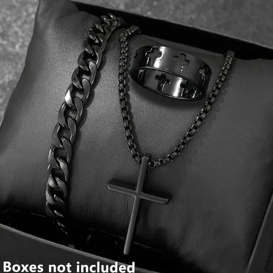 3pcs Fashion Alloy Men's Cross Pendant Necklace, Bracelet and Ring Combo Jewelry Set