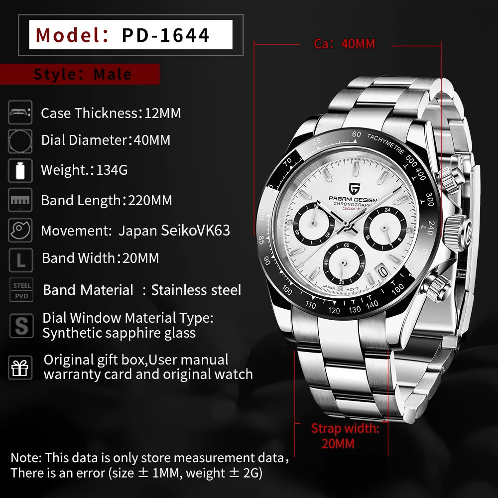2026 New PD-1644 PAGANI DESIGN Top Brand Men's Sports Quartz Watches Sapphire Stainless Steel 100M Waterproof Luminous Chronograph Luxury Reloj Hombre