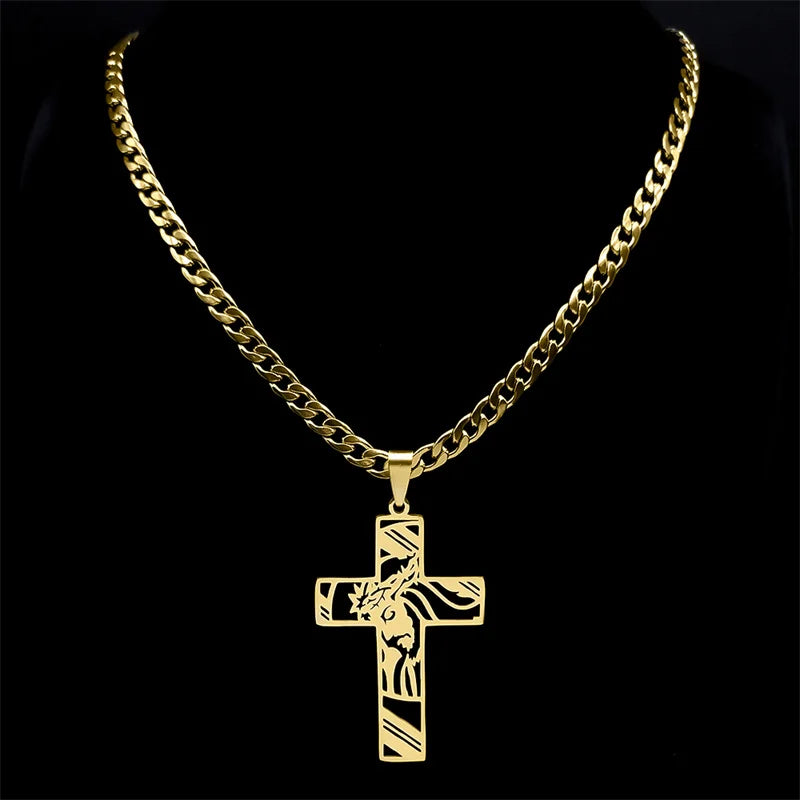 Crown of Thorns Jesus Cross Necklace Stainless Steel Gold Plated Crucifix Pendant Necklaces Jewelry