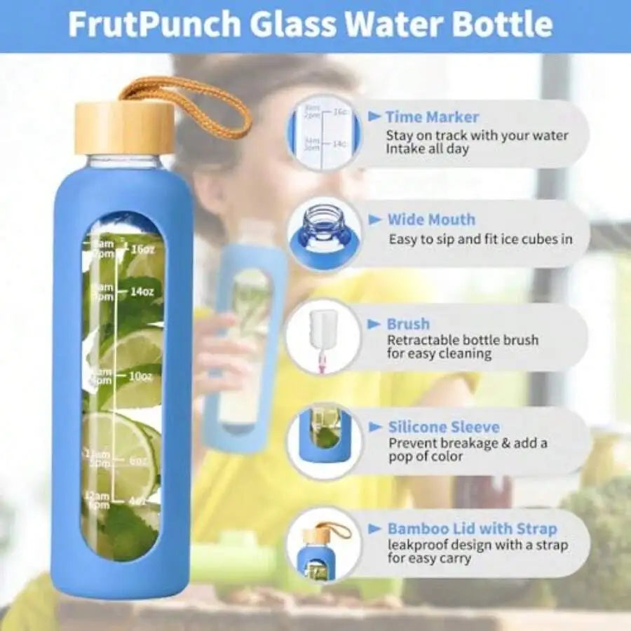 18 OZ Glass Water Bottles With Time Marker For Offices And Gyms Blue Leakproof Glass Bottles With Silicone Sleeves mbzr
