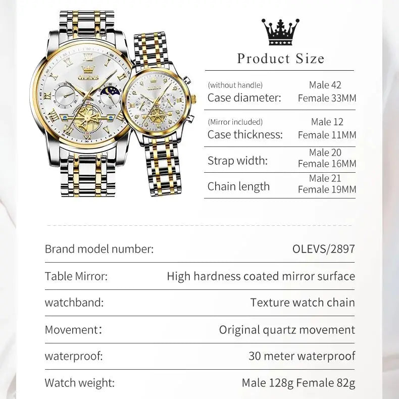 OLEVS Quartz Couple Watch Luxury Brand Waterproof Lunar Phase Timing Code Watch Elegant and Romantic Lover His  Her Couple Watch mbzr