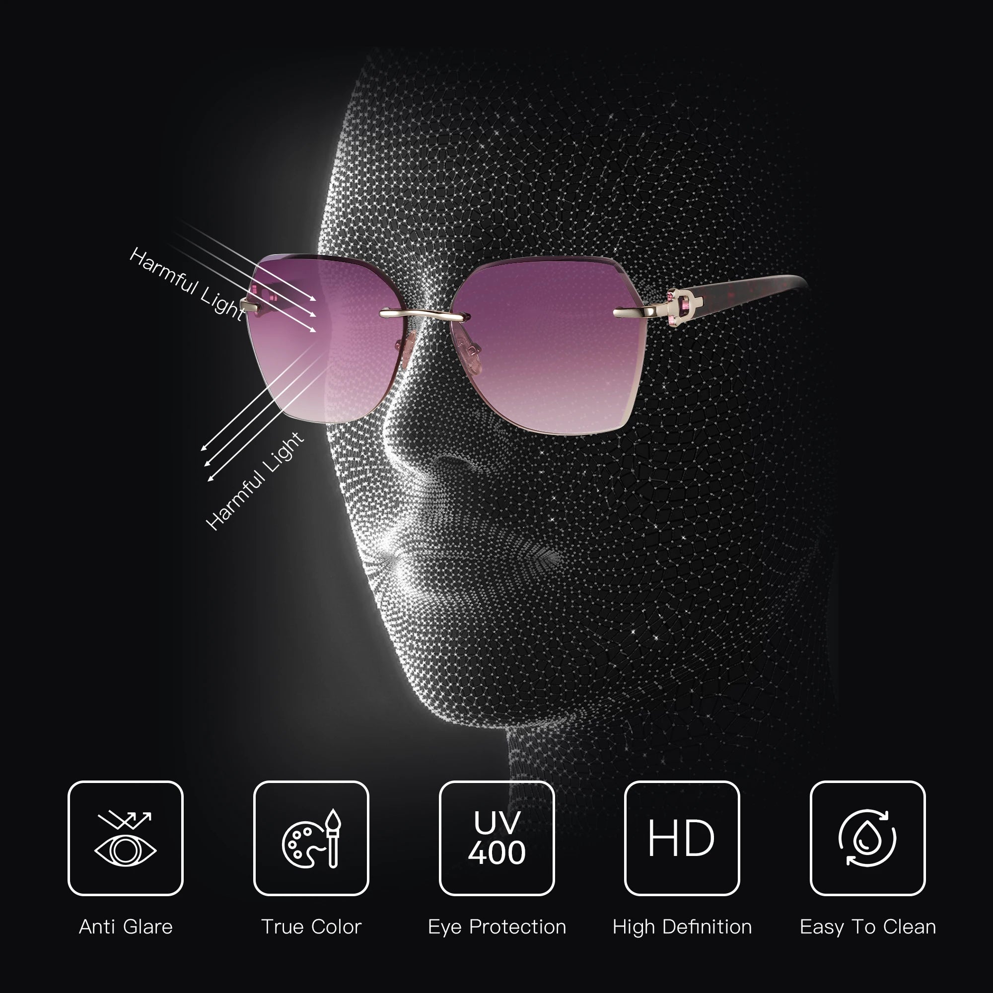 ZENOTTIC Oversized Rimless  UV Protection Sunglasses for Women Geometric Diamond Cutting Gradient Lens Fashion Shades Trendy
