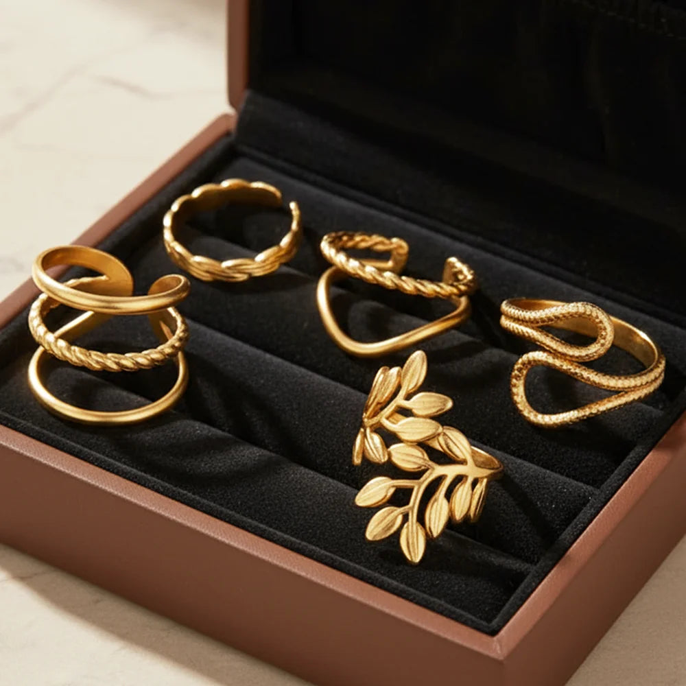 5-Piece Stainless Steel Leaf-Shaped Geometric Openwork Ring Set For Women Minimalist, Sophisticated Adjustable