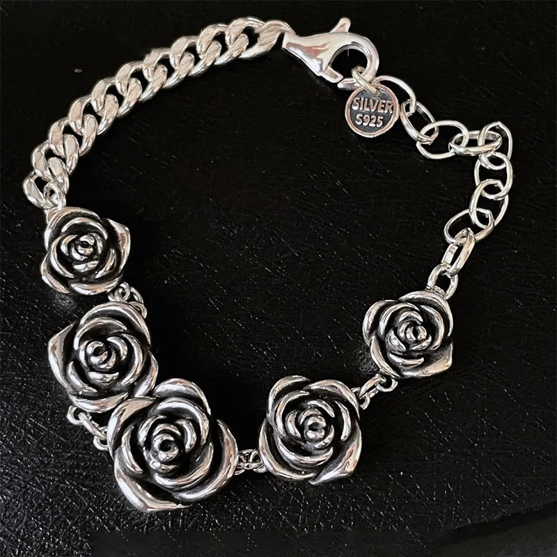925 Sterling Silver Bracelet Rose Flower Linked Vintage Punk Adjustable Chain For Woman Girl Jewelry Gift Dropship Wholesale